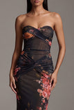 Strapless Ruched Black Mermaid Printed Floral Dress