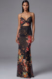Printed Sheath Cut Out Black Spaghetti Straps Mermaid Long Floral Dress