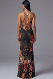 Printed Sheath Cut Out Black Spaghetti Straps Mermaid Long Floral Dress