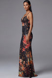 Printed Sheath Cut Out Black Spaghetti Straps Mermaid Long Floral Dress