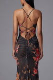 Printed Sheath Cut Out Black Spaghetti Straps Mermaid Long Floral Dress
