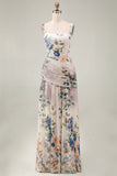 Floral Ruched Ivory Square Neck A Line Floral Dress