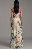 Floral Ruched Ivory Square Neck A Line Floral Dress