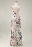 Floral Ruched Ivory Square Neck A Line Floral Dress