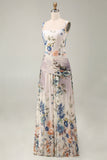 Floral Ruched Ivory Square Neck A Line Floral Dress