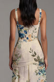 Floral Ruched Ivory Square Neck A Line Floral Dress