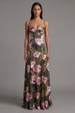Floral Olive Spaghetti Straps A Line Long Floral Dress