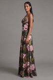 Floral Olive Spaghetti Straps A Line Long Floral Dress