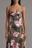 Floral Olive Spaghetti Straps A Line Long Floral Dress