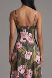 Floral Olive Spaghetti Straps A Line Long Floral Dress