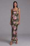 Olive Square Neck Printed Sheath Long Floral Dress