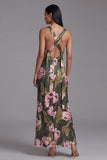 Olive Square Neck Printed Sheath Long Floral Dress