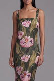 Olive Square Neck Printed Sheath Long Floral Dress