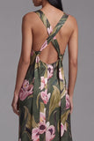 Olive Square Neck Printed Sheath Long Floral Dress