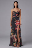 Spaghetti Straps Black Printed A Line Floral Dress