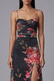 Spaghetti Straps Black Printed A Line Floral Dress