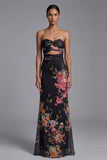 Strapless Printed Cut Out Black Long Floral Dress