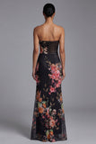 Strapless Printed Cut Out Black Long Floral Dress