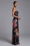 Strapless Printed Cut Out Black Long Floral Dress