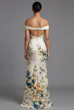 Off the Shoulder Printed Cut Out Ivory Formal Dress