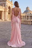 Pink Beaded Spaghetti Straps Mermaid Long Prom Dress with Ruffles
