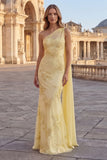 Yellow Mermaid Floral Embroidered Long Prom Dress with Side Cape