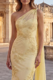 Yellow Mermaid Floral Embroidered Long Prom Dress with Side Cape