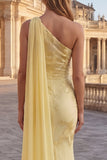 Yellow Mermaid Floral Embroidered Long Prom Dress with Side Cape