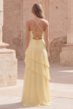 Yellow A Line Spaghetti Straps Long Bridesmaid Dress with Ruffles