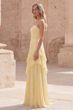 Yellow A Line Spaghetti Straps Long Bridesmaid Dress with Ruffles