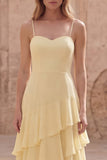 Yellow A Line Spaghetti Straps Long Bridesmaid Dress with Ruffles