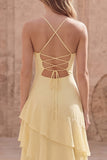 Yellow A Line Spaghetti Straps Long Bridesmaid Dress with Ruffles