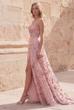 Blush Sequin A Line Strapless Long Prom Dress with Slit