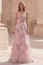 Sparkly Pink Sequin Floral A Line Spaghetti Straps Long Prom Dress