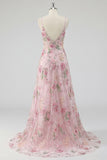 Sparkly Pink Sequin Floral A Line Spaghetti Straps Long Prom Dress