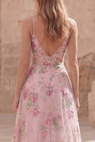 Sparkly Pink Sequin Floral A Line Spaghetti Straps Long Prom Dress