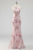 Sparkly Pink Sequin Floral Mermaid Long Prom Dress