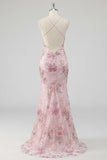 Sparkly Pink Sequin Floral Mermaid Long Prom Dress