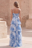 White Blue Flower A Line Long Corset Tiered Long Prom Dress with Ruffles