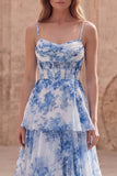 White Blue Flower A Line Long Corset Tiered Long Prom Dress with Ruffles