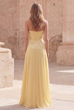 Strapless Yellow Floral A Line Pleated Long Prom Dress