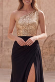 Sparkly Gold and Black One Shoulder Mermaid Long Prom Dress with Slit