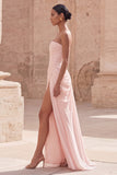 Light Pink Strapless Sheath Ruched Long Prom Dress with Slit