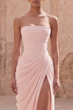 Light Pink Strapless Sheath Ruched Long Prom Dress with Slit