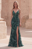 Dark Green Beaded Sequin Mermaid Long Prom Dress with Slit