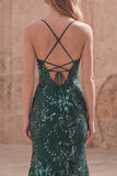 Dark Green Beaded Sequin Mermaid Long Prom Dress with Slit