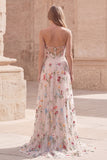 Strapless Ivory Floral A Line Long Prom Dress with Slit