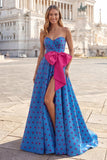 Blue A Line Strapless Bowed Long Polka Dot Dress with Slit