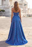 Blue A Line Strapless Bowed Long Polka Dot Dress with Slit
