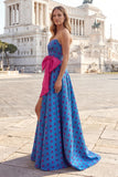 Blue A Line Strapless Bowed Long Polka Dot Dress with Slit